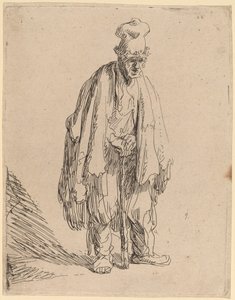 Mendigo con gorro alto, de pie y apoyado en un bastón de Rembrandt van Rijn