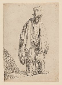 Mendigo con gorro alto, de pie y apoyado en un bastón de Rembrandt van Rijn