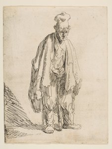 Mendigo con un gorro alto, de pie y apoyado en un bastón, ca. 1629 de Rembrandt van Rijn