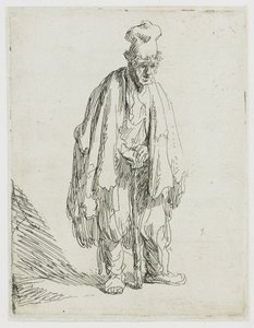 Mendigo con una gorra de visera ancha, de pie y apoyado en un bastón de Rembrandt van Rijn