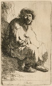 Mendigo sentado en un banco de Rembrandt van Rijn