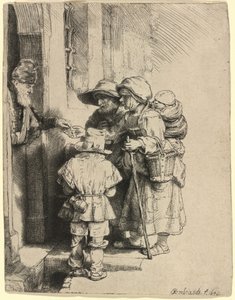 Mendigos Recibiendo Limosnas en la Puerta de una Casa de Rembrandt van Rijn