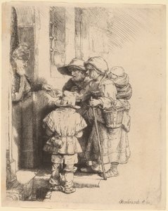 Mendigos recibiendo limosnas en la puerta de una casa de Rembrandt van Rijn