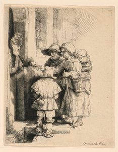 Mendigos recibiendo limosnas en la puerta de una casa de Rembrandt van Rijn