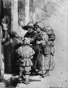 Mendigos en la puerta de una casa de Rembrandt van Rijn