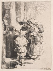 Mendigos que reciben limosna en la puerta de una casa de Rembrandt van Rijn