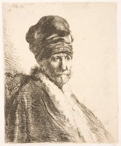 Busto de un hombre (¿el padre de Rembrandt) con gorro alto, visto de tres cuartos de Rembrandt van Rijn