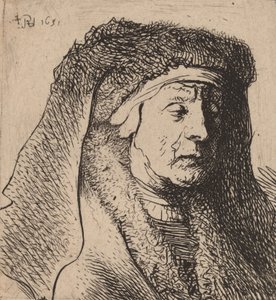 Busto de una Anciana con una Capa de Piel y un Sombrero Pesado de Rembrandt van Rijn