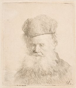 Busto de un anciano con gorro de piel y barba larga: casi de frente: mirada directa de Rembrandt van Rijn