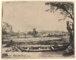 Canal con un Gran Barco y Puente