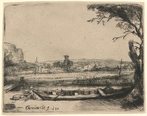 Canal con un barco grande y un puente de Rembrandt van Rijn