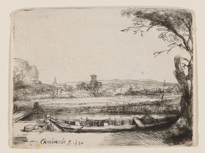 Canal con un barco grande y un puente de Rembrandt van Rijn