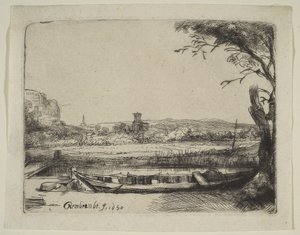 Canal con un gran barco y un puente, 1650 de Rembrandt van Rijn