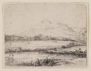 Canal con un pescador y dos cisnes de Rembrandt van Rijn