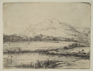 Canal con un pescador y dos cisnes de Rembrandt van Rijn