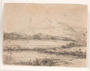 Canal con un pescador y dos cisnes de Rembrandt van Rijn