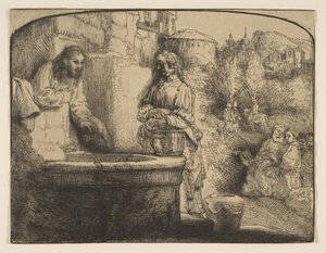 Cristo y la mujer de Samaria: una impresión arqueada, 1658 de Rembrandt van Rijn