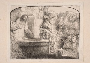 Cristo y la samaritana (Composición cerrada en la parte superior por un arco) de Rembrandt van Rijn