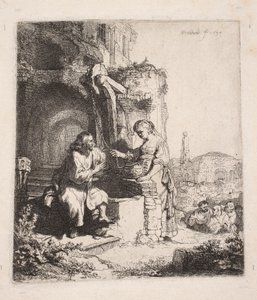 Cristo y la samaritana entre las ruinas (grabado vertical) de Rembrandt van Rijn