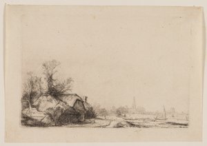 Cabaña junto a un canal con vista de Ouderkerk de Rembrandt van Rijn