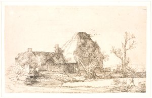Cabaña y edificios de granja con un hombre dibujando de Rembrandt van Rijn