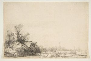 Cabaña junto a un canal con vista de Ouderkerk de Rembrandt van Rijn