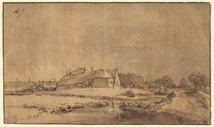 Casas de campo y granero junto a un camino de Rembrandt van Rijn