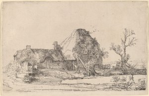 Cabañas y edificios de granja con un hombre dibujando de Rembrandt van Rijn