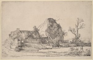 Casitas de campo y edificios agrícolas con un hombre dibujando de Rembrandt van Rijn
