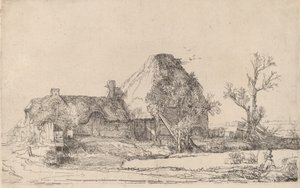 Cabañas y Edificios de Granja con un Hombre Dibujando, c. 1645 de Rembrandt van Rijn