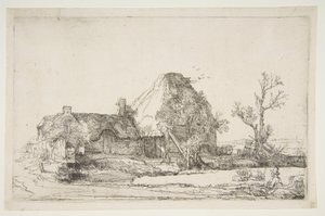 Cabañas y edificios de granja con un hombre dibujando, ca. 1645 de Rembrandt van Rijn
