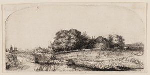 Cabañas y un granero de heno en Diemerdijk con un rebaño de ovejas de Rembrandt van Rijn