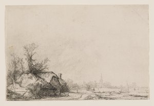 Casitas junto a un canal, con una iglesia y un velero de Rembrandt van Rijn