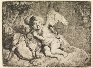 Cupido descansando, después de una pintura anteriormente atribuida a Rembrandt de Rembrandt van Rijn