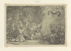 Angel deja a Tobias y su familia Recueil de quatre-vingt-cinq estampes originales (título de la serie) de Rembrandt van Rijn