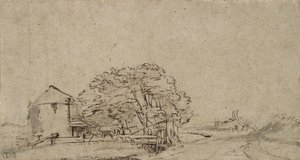 Edificio de granja junto a un camino con granja distante, 1650-69 de Rembrandt van Rijn