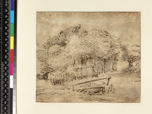 Casa de campo bajo árboles, con un puente peatonal, c.1650 de Rembrandt van Rijn