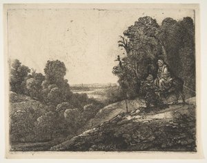 Huida a Egipto: Alterado de Tobías y el Ángel por Hercules Segers, ca. 1653