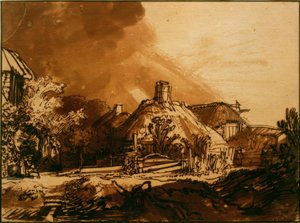 Casas bajo cielo tormentoso de Rembrandt van Rijn