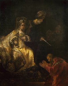 Hamán suplicando la misericordia de Ester, 1660s de Rembrandt van Rijn