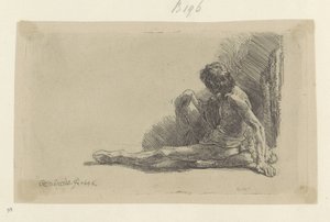 Joven sentado en el suelo con una pierna extendida Recueil de quatre-vingt-cinq estampes originales (título de la serie) de Rembrandt van Rijn
