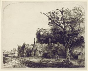 Paisaje con casas con tejados a dos aguas junto a un camino, 1650 de Rembrandt van Rijn