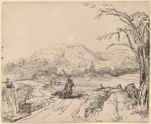 Paisaje con cazador y perro de Rembrandt van Rijn