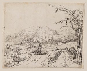 Paisaje con cazador y perros de Rembrandt van Rijn