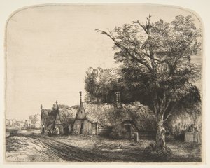 Paisaje con tres cabañas con tejado a dos aguas junto a un camino de Rembrandt van Rijn