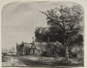 Paisaje con tres cabañas con hastiales junto a un camino de Rembrandt van Rijn