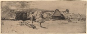Paisaje con árboles, edificios de granja y una torre de Rembrandt van Rijn