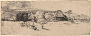 Paisaje con árboles, edificios de granja y una torre de Rembrandt van Rijn