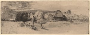 Paisaje con árboles, edificios de granja y una torre de Rembrandt van Rijn