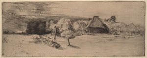 Paisaje con árboles, edificios agrícolas y una torre